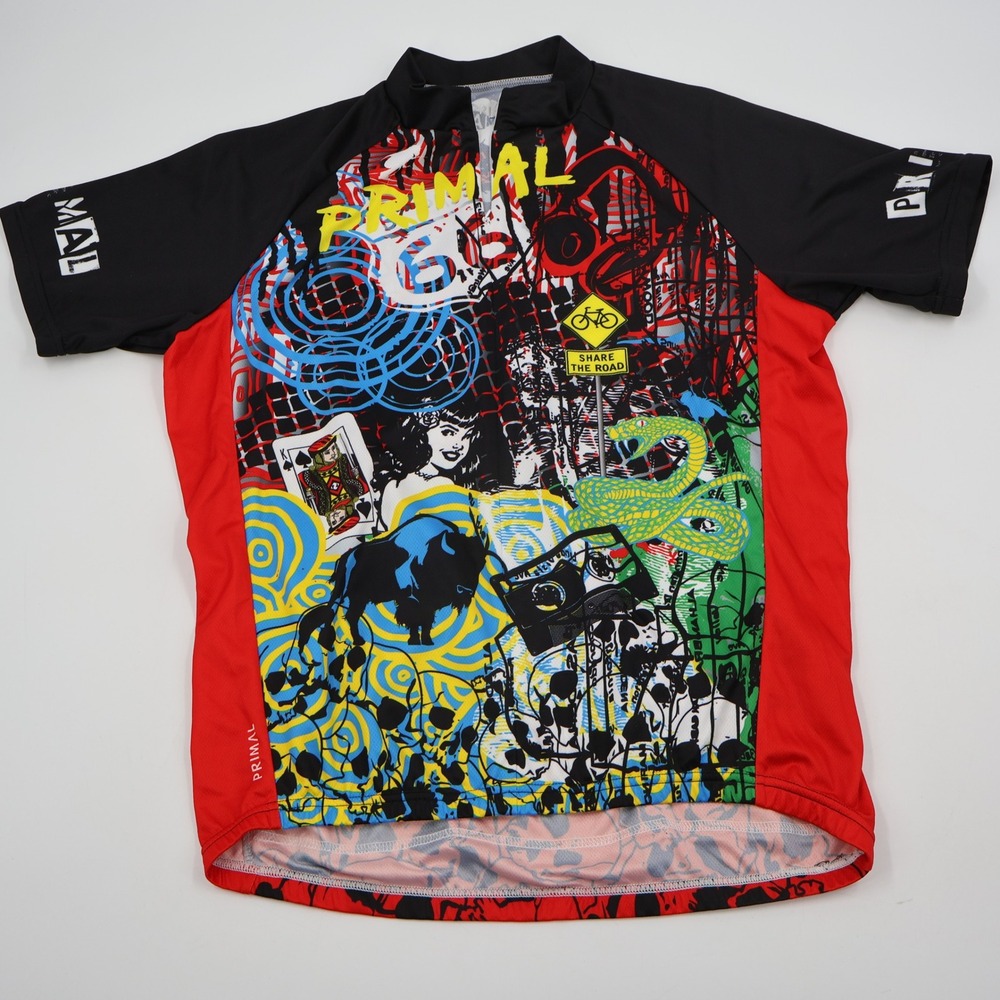 Primal Wear Cycling Jersey Mens Large Multi Graphic Collage Short Sleeve Zip